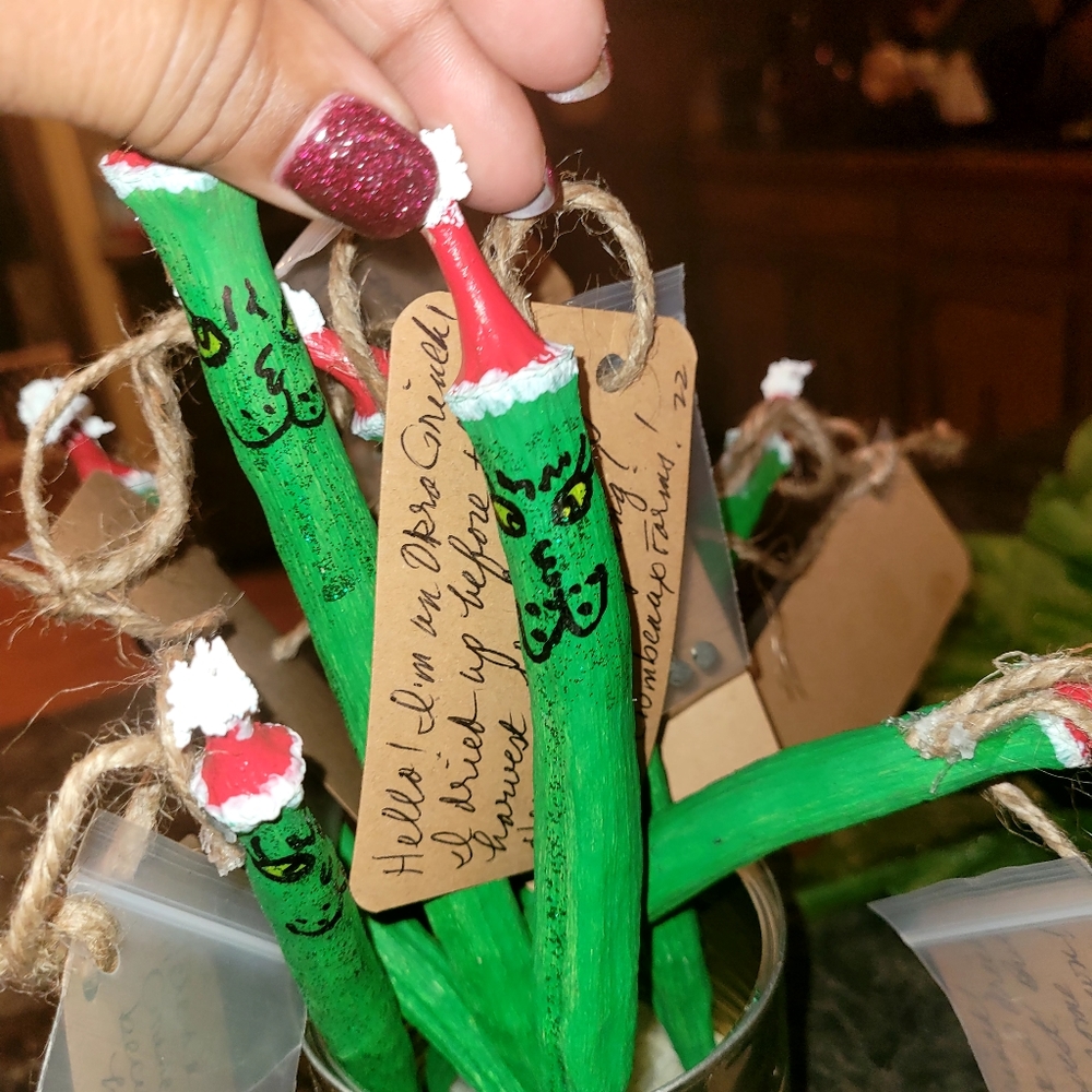 Okra Grinch ornaments w/seeds
